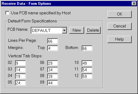 Receive Data - Form Options Screen